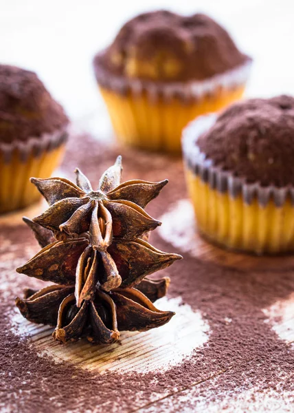 Cupcake decorated with cocoa and star anise. — Stock Photo, Image