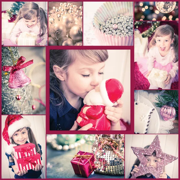 Kerstmis collage met heel schattig meisje — Stockfoto