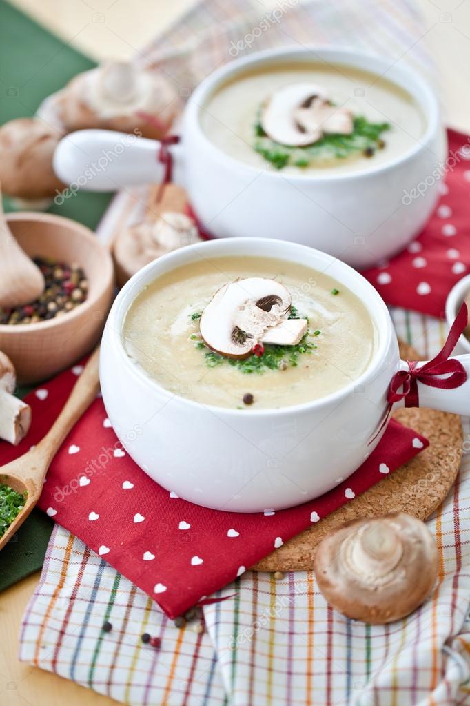 Delicious mushroom soup with fresh champignons