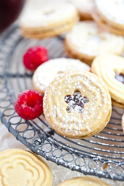 Jam-filled cookies and raspberries — Stock Photo, Image
