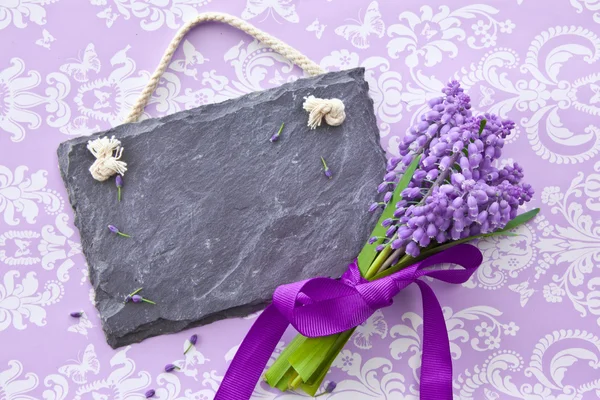 Fresh hyacinths and a slate chalkboard — Stock Photo, Image