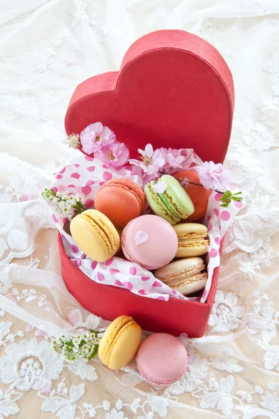 Kırmızı kutu içinde renkli badem kurabiyeleri — Stok fotoğraf