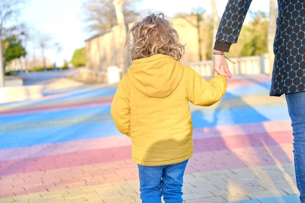 Madre caminando de la mano con su hijo pequeño disfrutando de un momento de convivencia familiar en un parque. — Foto de Stock