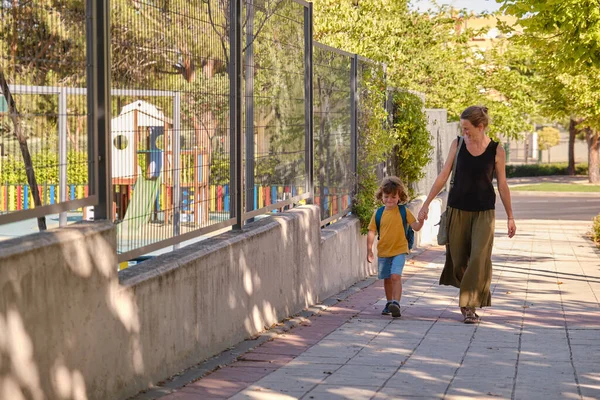 Happy Mother Son Going School Back School — Zdjęcie stockowe