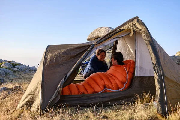 Happy Mom Smiling Looking Teen Son Sleeping Bag Awakening Tent — Stockfoto