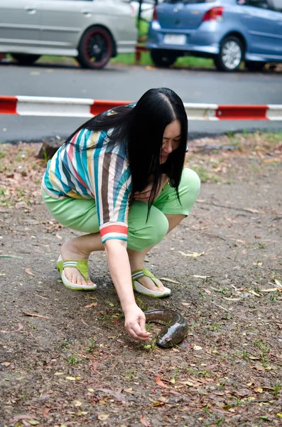 Una mujer salvando un bagre en el suelo —  Fotos de Stock