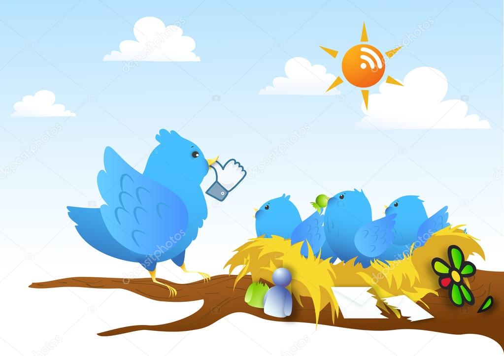 A parody of a blue bird feeding it's baby with sign and symbol