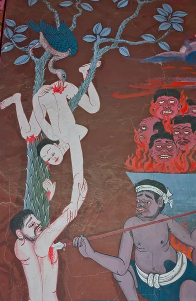The mural painting of a lover torturing in hell, in Thai's belie — Stock Photo, Image
