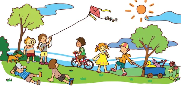 Kinder vergnügen sich in der sommerlichen Landschaft (Vektor) — Stockvektor
