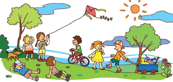 Children having a good time in summer landscape (vector) — Stock Vector