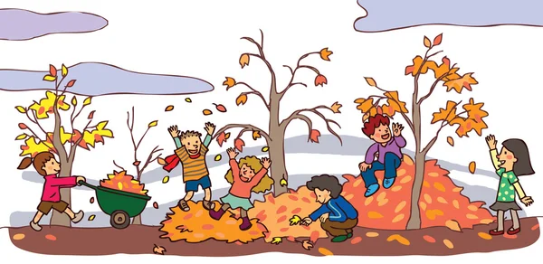 Children having a good time in autumn landscape (vector) — Stock Vector