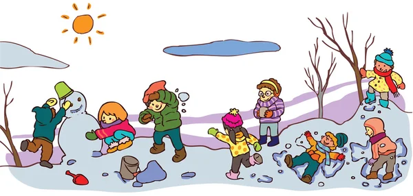 Children having a good time in winter landscape (vector) — Stock Vector