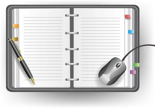 Office diary with line, ballpoint pen, and mouse — Stock Vector