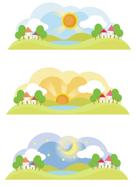 3 natural landscape on various time of the day — Stock Vector