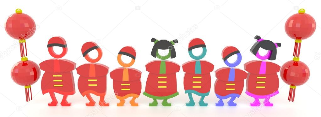 Cute 3D Chinese people and red lamp in white background