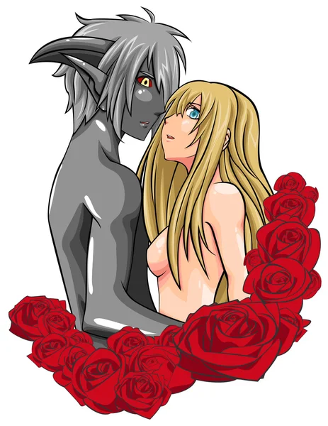 Людина і пара демонів стоять в рамці троянди (вектор ) — стоковий вектор