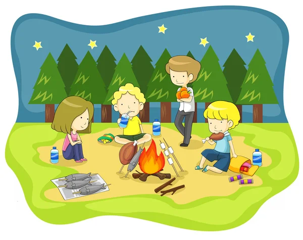 Děti táborák v pustině v noci (vektor) — Stockový vektor