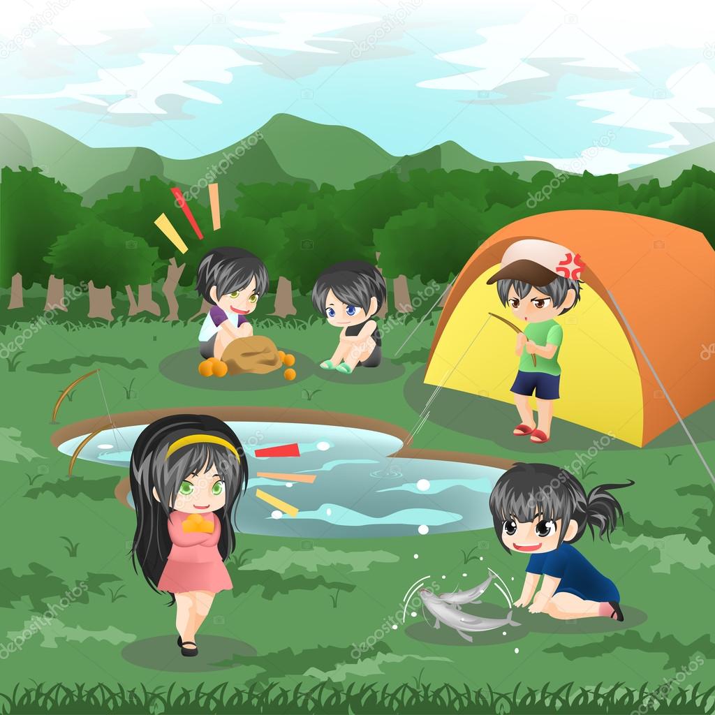 Children are camping in the wilderness (vector)
