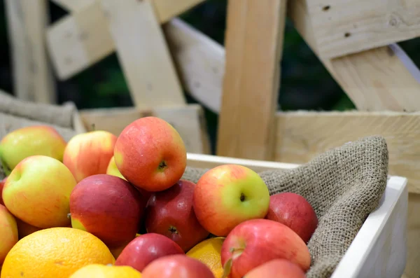 Pomme et orange sur pile — Photo