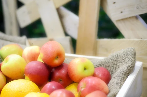 Apfel und Orange auf Stapel — Stockfoto