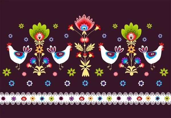 Folk Pattern With Birds - Dark — Stock Vector