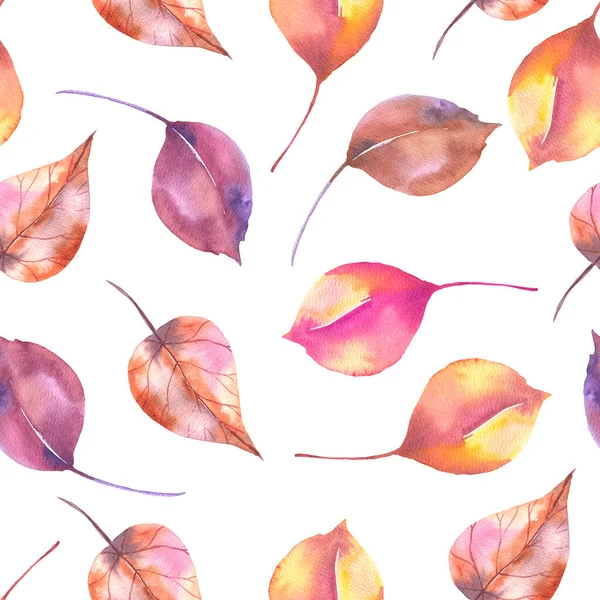 Seamless pattern with hand painted watercolor autumn leaves on white background. Cute design for textile design, scrapbook paper, decorations.