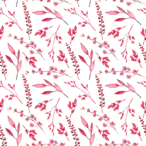 Nahtloses Muster mit handgemaltem Aquarell rosa und roten Blättern auf weißem Hintergrund. Nettes Design für Textildesign, Sammelalbum-Papier, Dekorationen. — Stockfoto