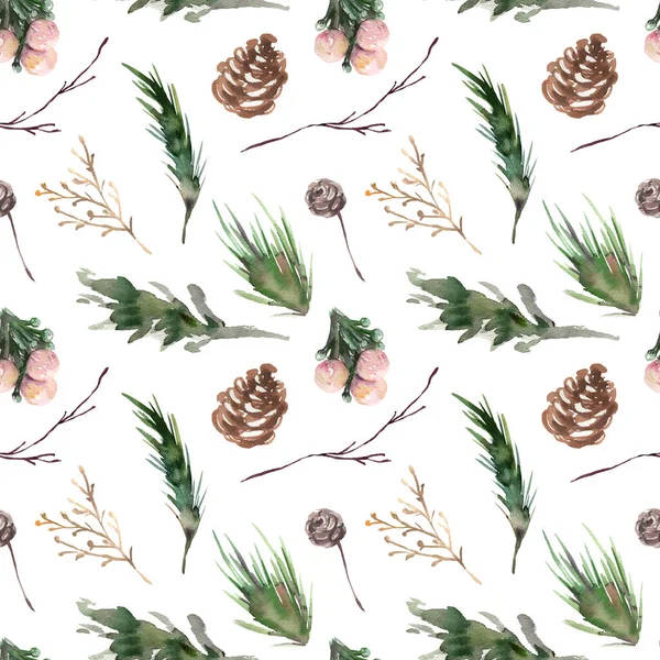 Naadloos patroon met de hand geschilderde aquarel groene dennenbomen, dennenappel op witte achtergrond. Leuk ontwerp voor vrolijk kerstfeest winter textiel ontwerp, plakboek papier, decoraties. — Stockfoto