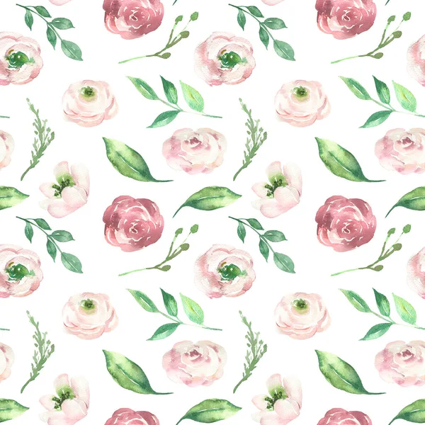 Nahtloses Muster mit handgemaltem Aquarell rot, rosa Blüten auf weißem Hintergrund. Niedliches Design für Spring Textildesign, Sammelalbum-Papier, Dekorationen. — Stockfoto