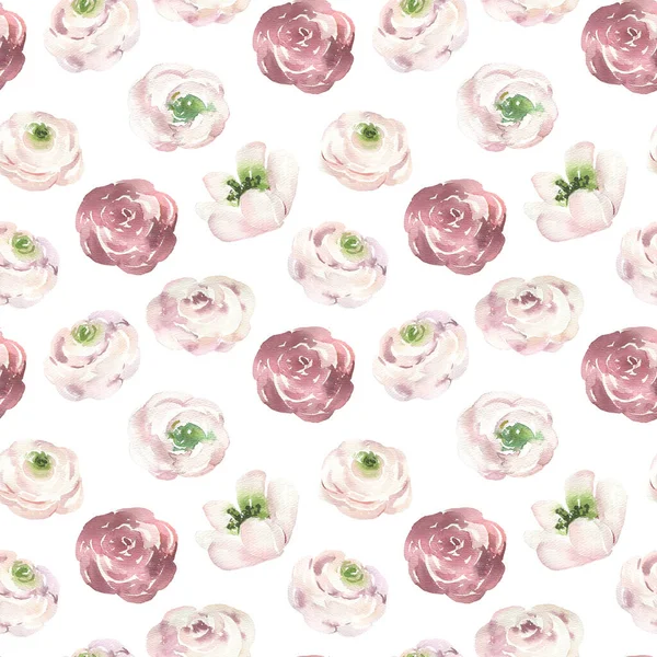 Nahtloses Muster mit handgemaltem Aquarell rot, rosa Blüten auf weißem Hintergrund. Niedliches Design für Spring Textildesign, Sammelalbum-Papier, Dekorationen. — Stockfoto