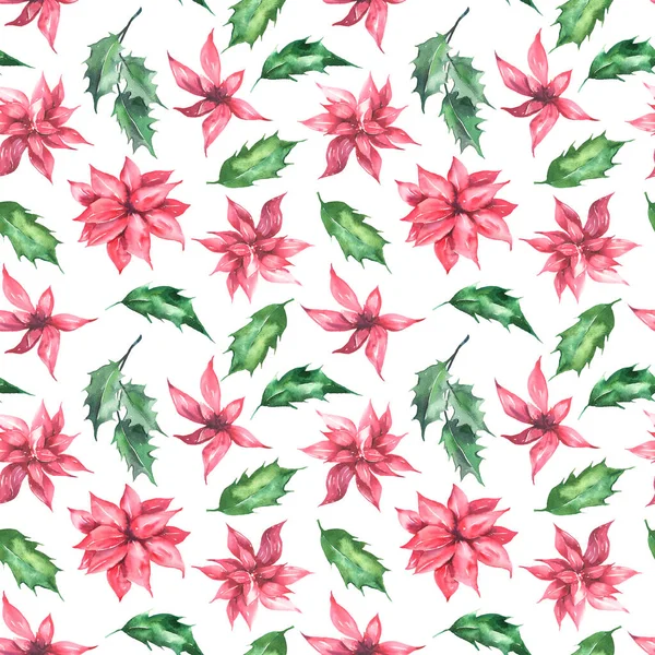 Nahtloses Muster mit handgemalten Aquarell-roten Blüten, grünen Blättern auf weißem Hintergrund. Nettes Design für Frohe Weihnachten Winter Textildesign, Sammelalbum Papier, Dekorationen. — Stockfoto