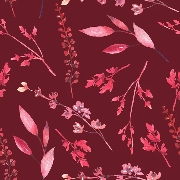 Nahtloses Muster mit handgemaltem Aquarell rosa und roten Blättern auf rotem Hintergrund. Nettes Design für Textildesign, Sammelalbum-Papier, Dekorationen. — Stockfoto