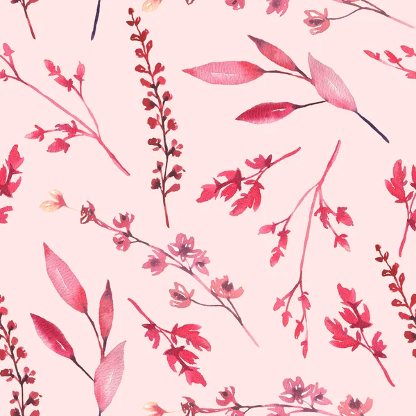 Nahtloses Muster mit handgemaltem Aquarell rosa und roten Blättern auf rosa Hintergrund. Nettes Design für Textildesign, Sammelalbum-Papier, Dekorationen. — Stockfoto