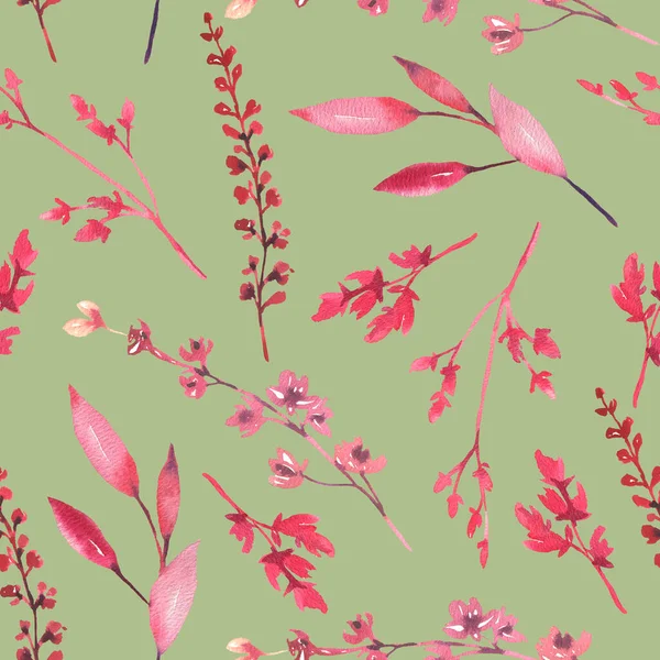手描きの水彩ピンクと緑の背景に赤の葉でシームレスなパターン。テキスタイルデザイン、スクラップブックペーパー、装飾のためのかわいいデザイン. — ストック写真