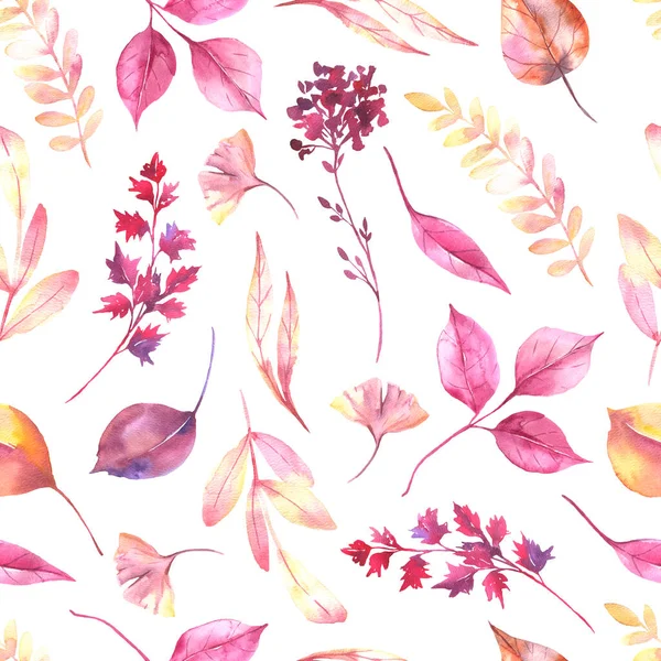 Nahtloses Muster mit handgemalten Herbstblättern in Aquarell auf weißem Hintergrund. Nettes Design für Textildesign, Sammelalbum-Papier, Dekorationen. — Stockfoto