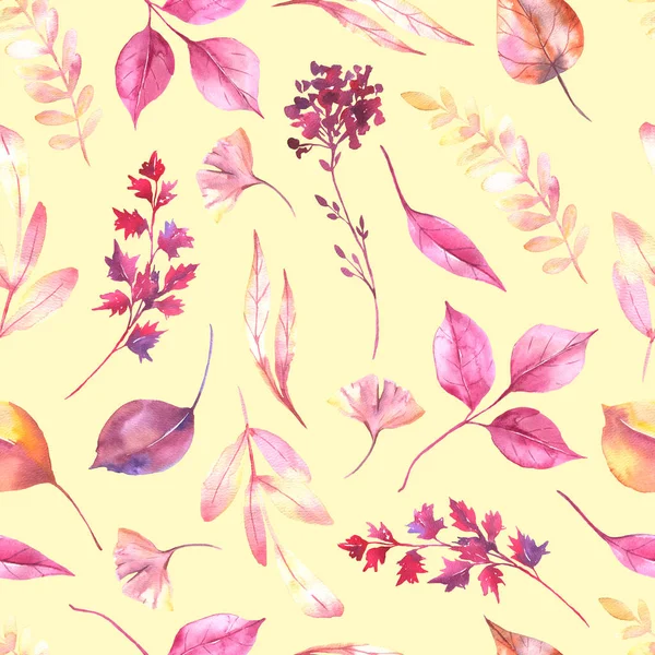 Nahtloses Muster mit handgemalten Herbstblättern auf gelbem Hintergrund. Nettes Design für Textildesign, Sammelalbum-Papier, Dekorationen. — Stockfoto