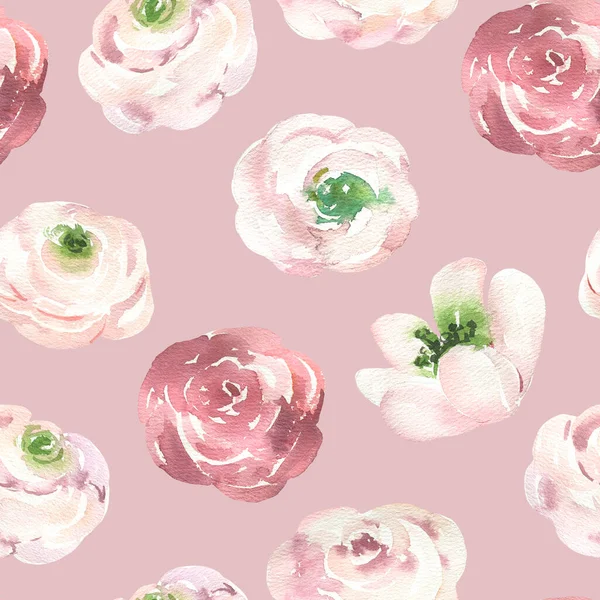 Nahtloses Muster mit handgemaltem Aquarell rot, rosa Blüten auf rosa Hintergrund. Niedliches Design für Spring Textildesign, Sammelalbum-Papier, Dekorationen. — Stockfoto