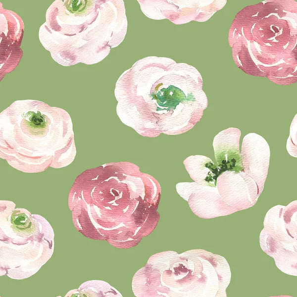 Nahtloses Muster mit handgemaltem Aquarell rot, rosa Blumen auf grünem Hintergrund. Niedliches Design für Spring Textildesign, Sammelalbum-Papier, Dekorationen. — Stockfoto