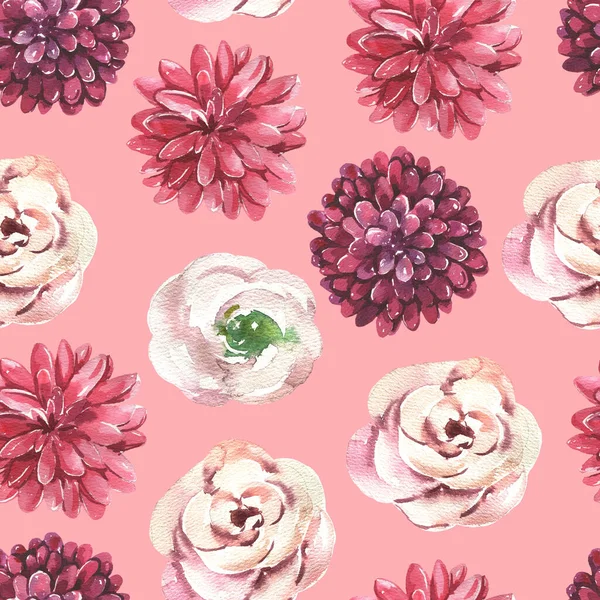 Nahtloses Muster mit handgemaltem Aquarell rot, rosa Blüten auf rosa Hintergrund. Niedliches Design für Spring Textildesign, Sammelalbum-Papier, Dekorationen. — Stockfoto