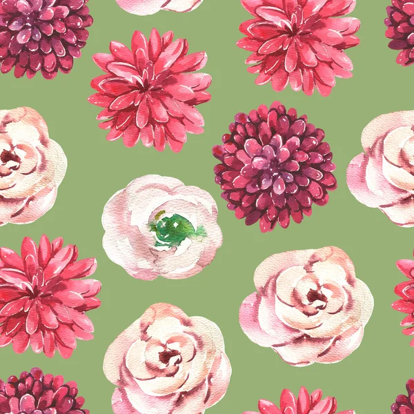 Nahtloses Muster mit handgemaltem Aquarell rot, rosa Blumen auf grünem Hintergrund. Niedliches Design für Spring Textildesign, Sammelalbum-Papier, Dekorationen. — Stockfoto