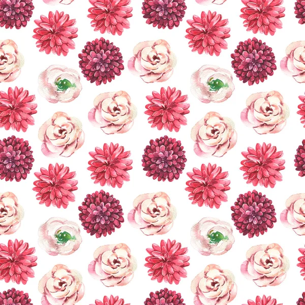 Nahtloses Muster mit handbemalten roten, rosa Blüten. Niedliches Design für Spring Textildesign, Sammelalbum-Papier, Dekorationen. — Stockfoto