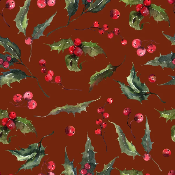 水彩画与冬季浆果无缝搭配.水彩红的浆果，叶子. — 图库照片