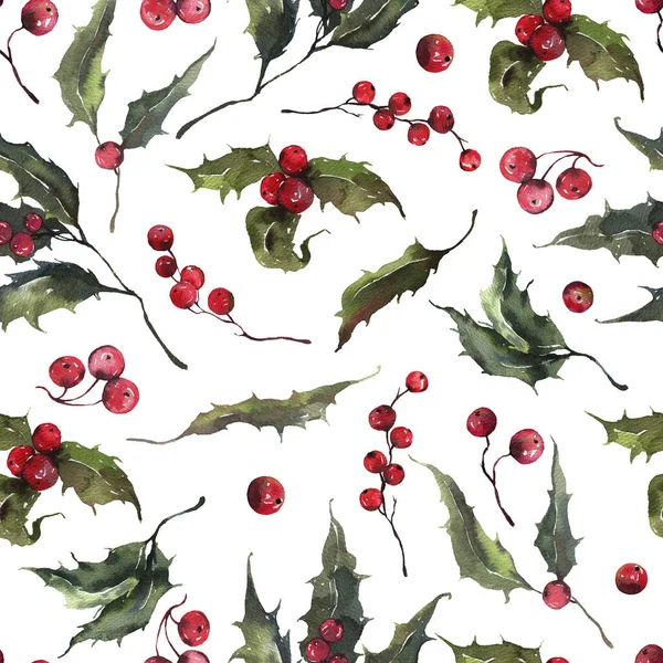 겨울 베리와 물색의 솔기없는 패턴. 빨간 산딸기와 잎. — 스톡 사진