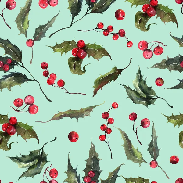 Watercolor seamless pattern with winter berries. Watercolor red berries , leaves. — Stock Photo, Image