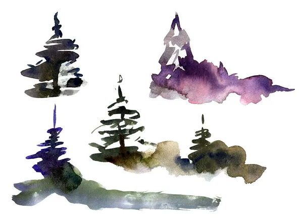 Akvarell handmålade fläckar, vintergröna träd. — Stockfoto