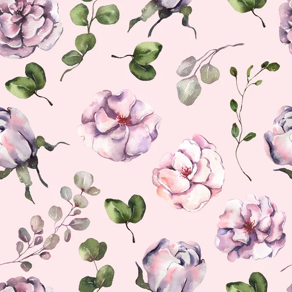 Aquarell Floral nahtloses Muster. Aquarell rosa Blüten, Blätter. — Stockfoto