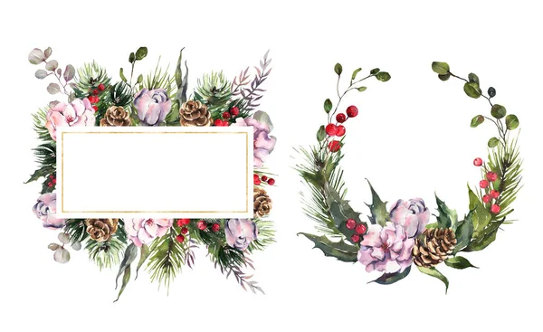 Diseño de invitación navideña acuarela. Marcos de acuarela para vacaciones de invierno. Bayas, flores, abeto, hoja perenne. — Foto de Stock