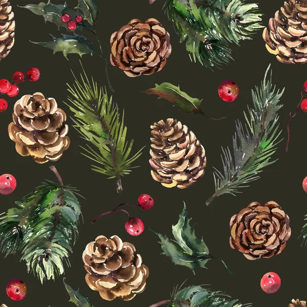 Aquarell Weihnachten nahtlose Muster. Aquarell Beeren, Blumen, Blätter, Tannenzapfen. — Stockfoto