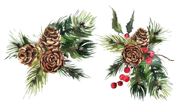 Suluboya Noel davetiyesi tasarımı. Tatil tasarımı için suluboya kış buketleri. Çilekler, çiçekler, yapraklar, kozalaklar. — Stok fotoğraf