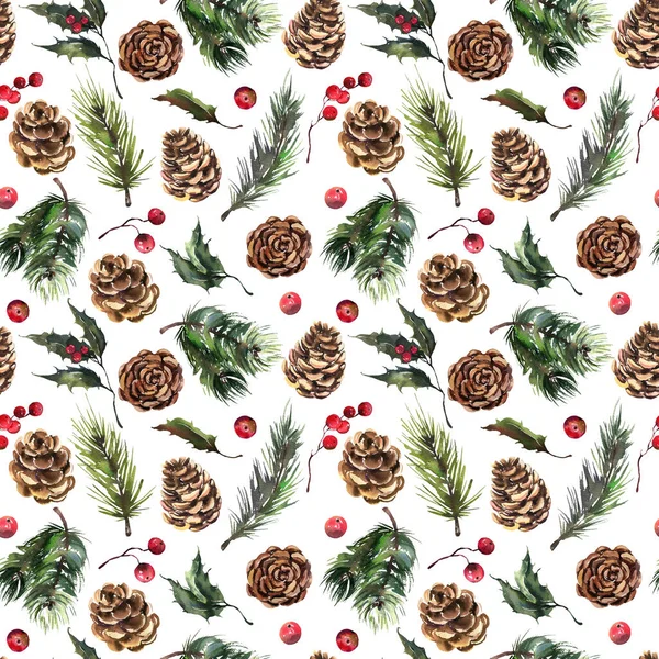 Watercolor Christmas seamless pattern. Watercolor Berries, flowers, leaves, pine cones. — Stock Photo, Image